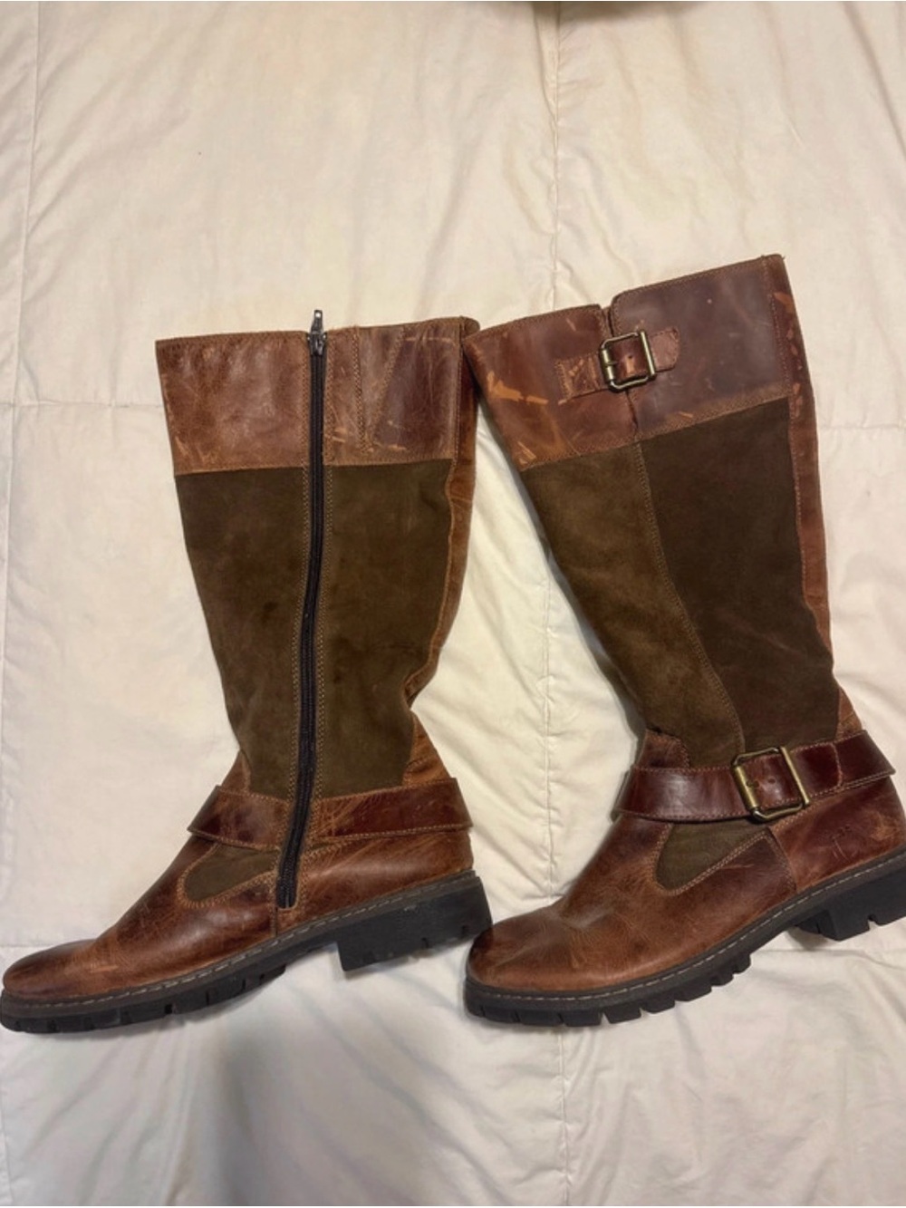 Women's Two-Tone Brown Leather & Suede Riding Boots